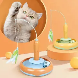 2-in-1 Interactive Cat Toy with Feather – Cat Turntable Toy for Self-Play