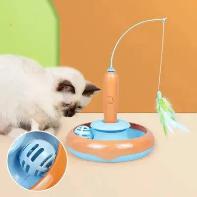 2-in-1 Interactive Cat Toy with Feather – Cat Turntable Toy for Self-Play