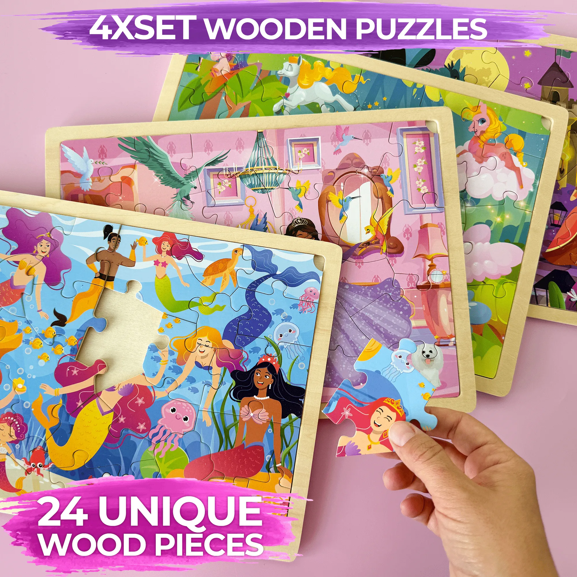 4 Set Wooden Puzzles for Toddlers | Mermaids, Princesses & Unicorns