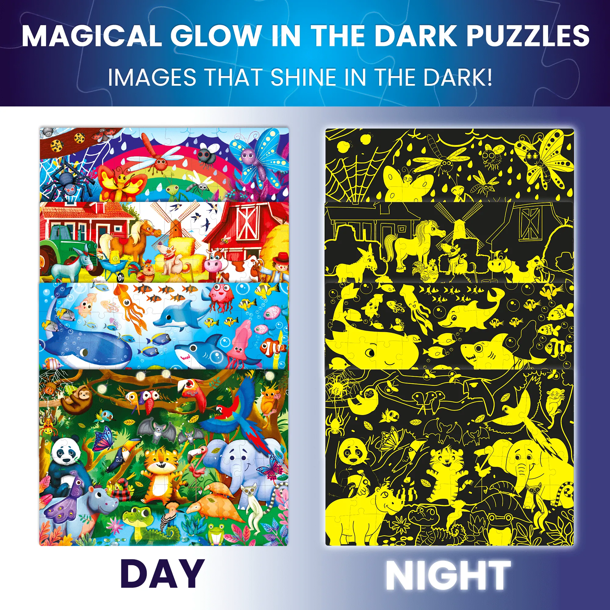 60 Piece Glow in the Dark Puzzles for Kids | Animals