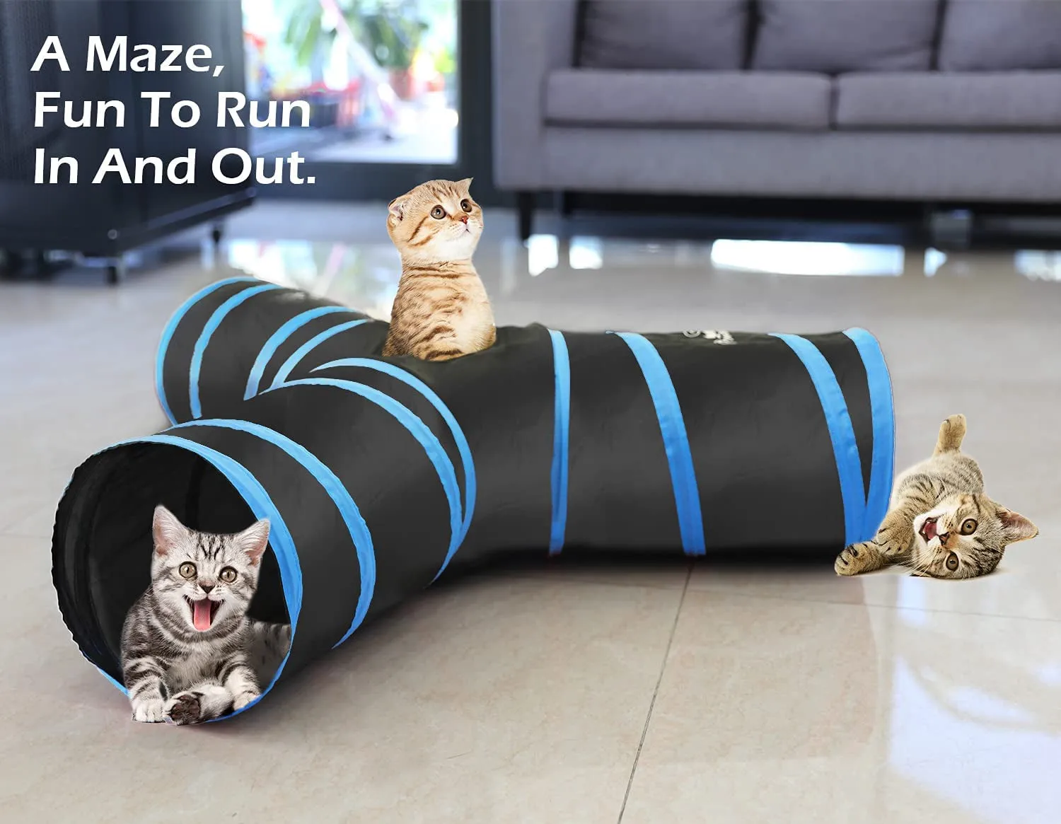 Cat Toys, Cat Tunnel Tube 3-Way Tunnels Extensible Collapsible Cat Play Tent Interactive Toy Maze Cat House Bed with Balls and Bells for Cat Kitten Kitty Rabbit Small Animal