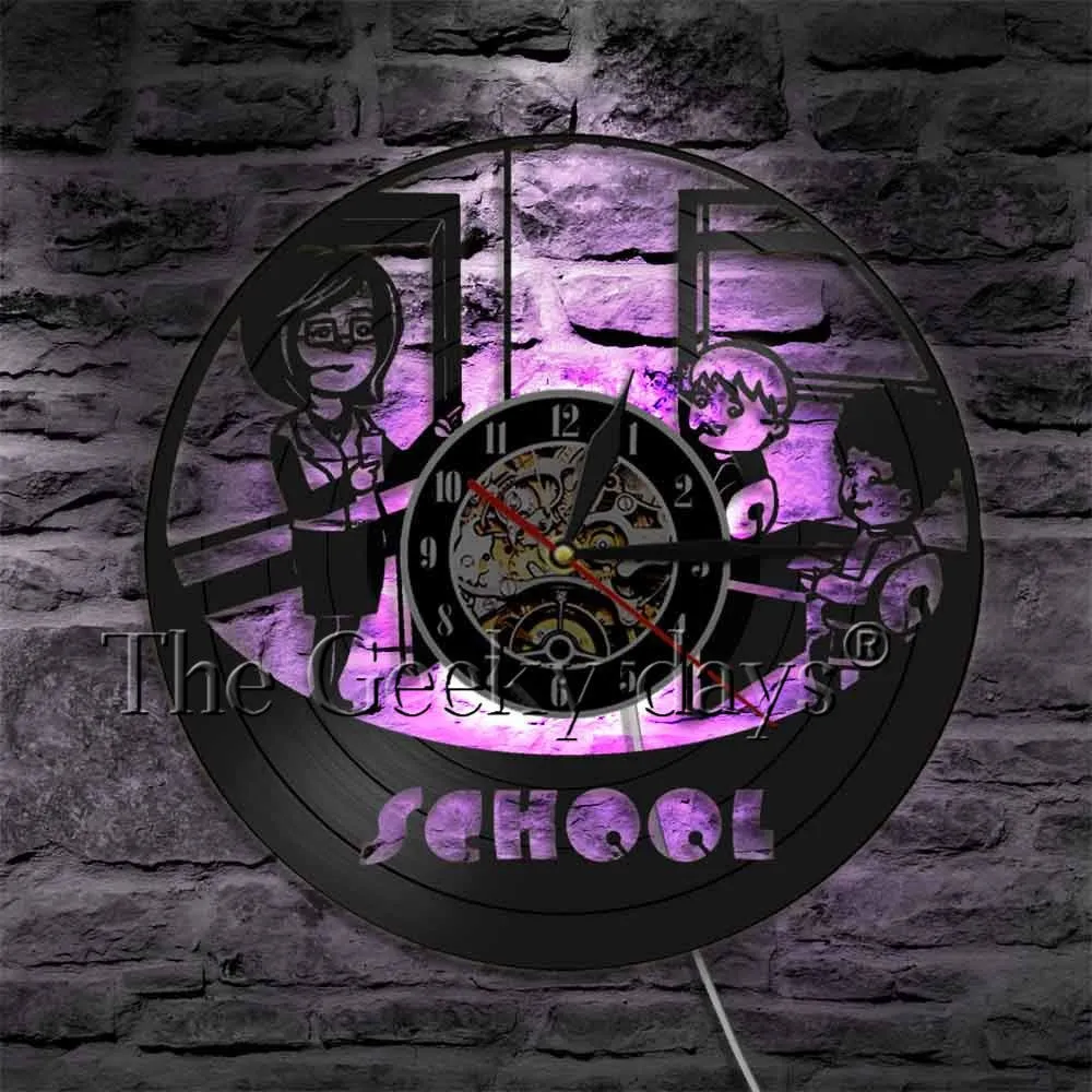 Teacher And Students School Kindergarten Wall Clock Nusery Educational Decor Vinyl Record Wall Clock Teacher Appreciation Gift