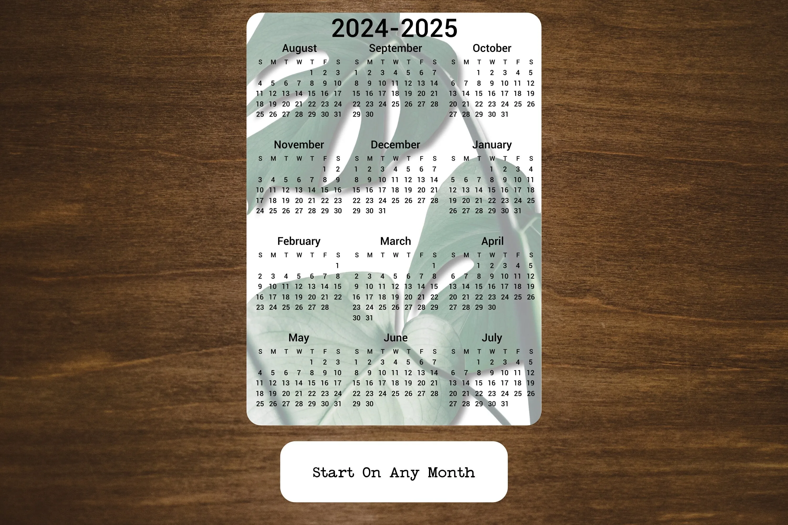 Year At A Glance Calendar Sticker - Monstera Design