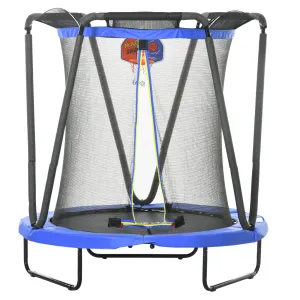 ZONEKIZ 4.6 FT Kids Trampoline with Enclosure, Basketball, Sea Balls, Blue