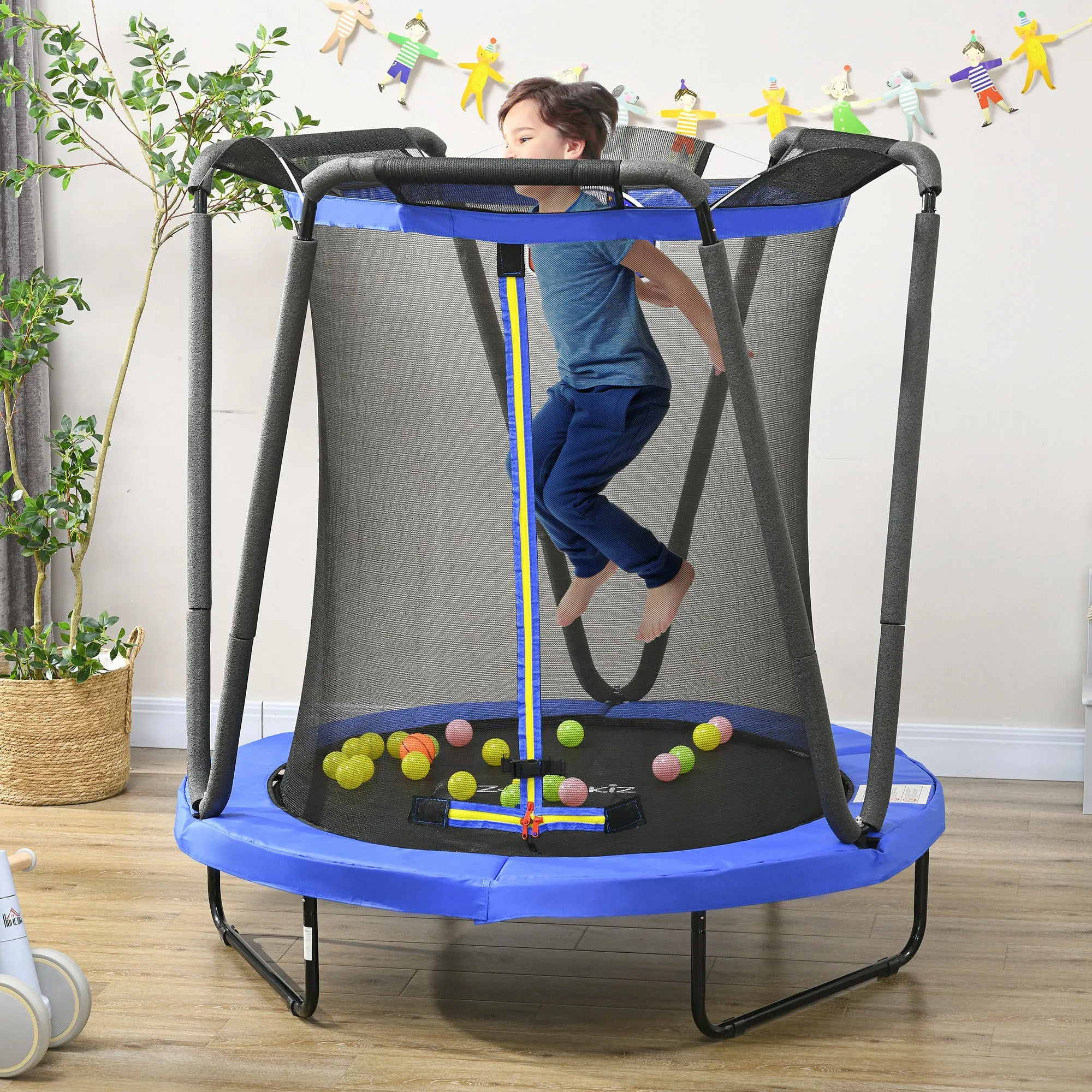 ZONEKIZ 4.6 FT Kids Trampoline with Enclosure, Basketball, Sea Balls, Blue